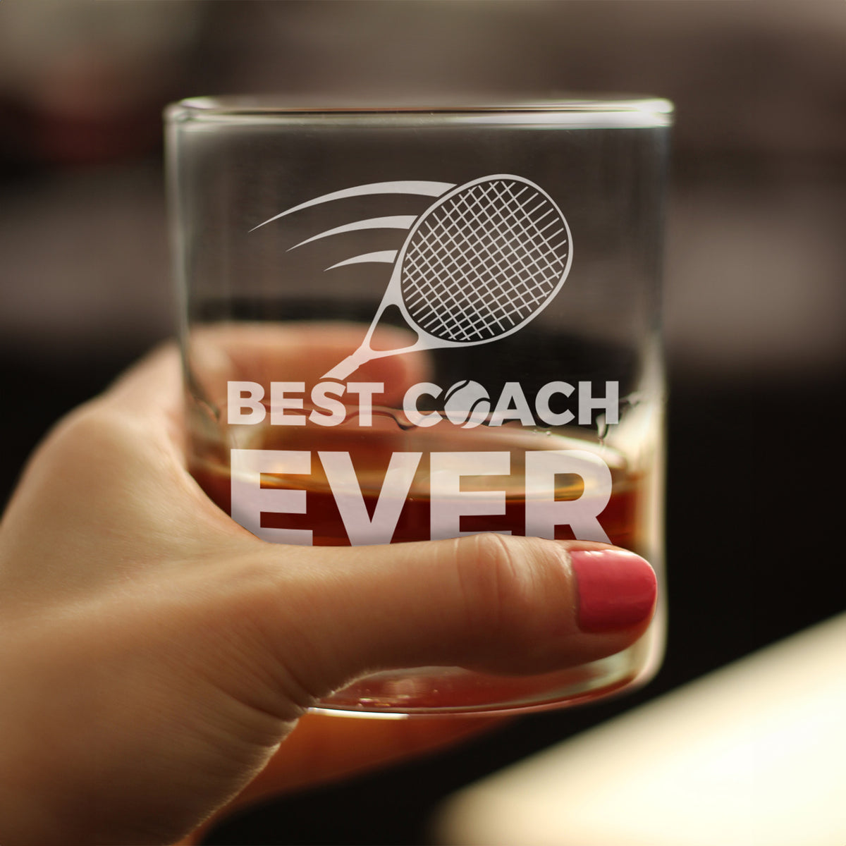 Tennis Coach Gifts for Coaches - Engraved Rocks Glass - Best Coach Ever - Weighted Whiskey Glasses - 10.25 oz