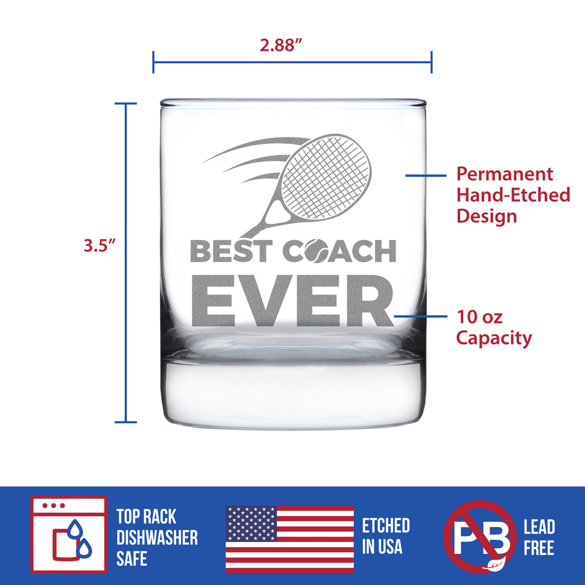 Tennis Coach Gifts for Coaches - Engraved Rocks Glass - Best Coach Ever - Weighted Whiskey Glasses - 10.25 oz