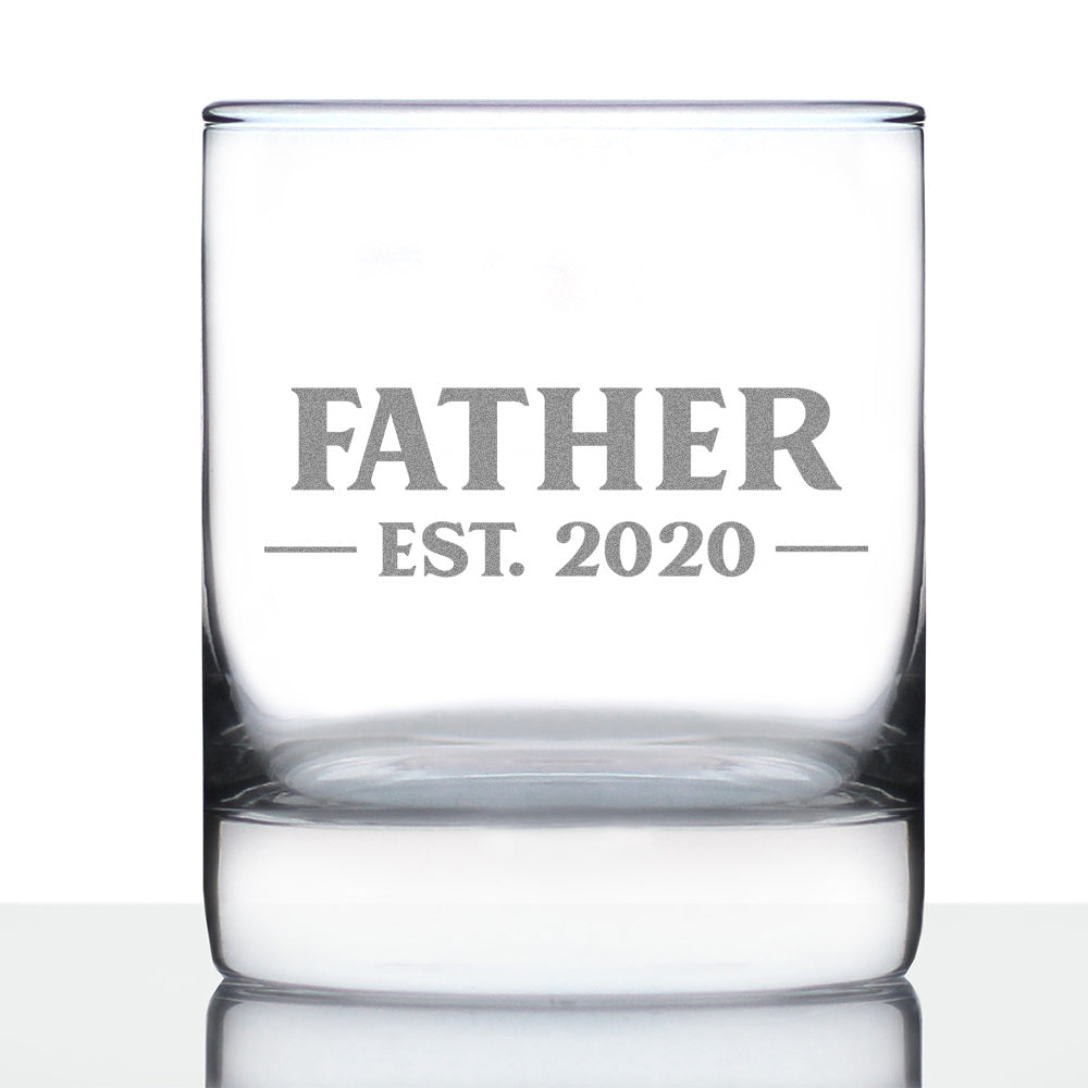 Father Est 2020 - New Dad Whiskey Rocks Glass Gift for First Time Daddy - Bold Engraved Whisky Drinking Glasses