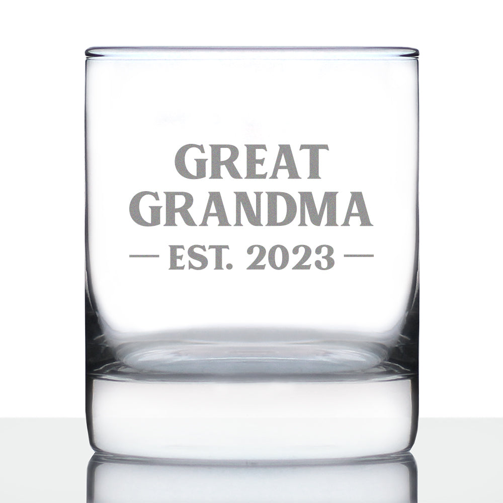 Great Grandma Est 2023 - New Great Grandmother Whiskey Rocks Glass Gift for First Time Great Grandparents - Bold 10.25 Oz Glasses