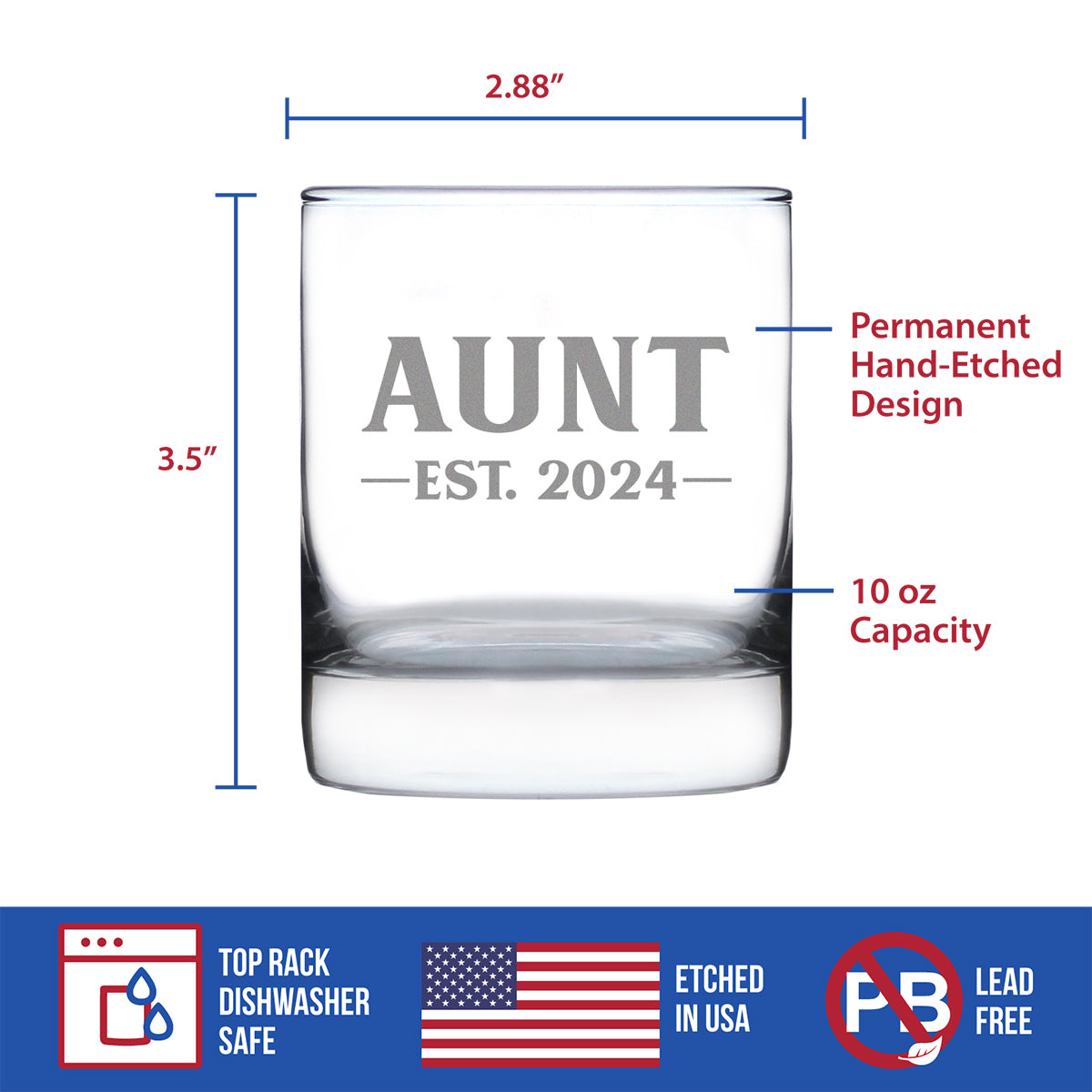 Aunt Est 2024 - New Aunties Whiskey Rocks Glass Gift for First Time Aunts - Bold 10.25 Oz Glasses
