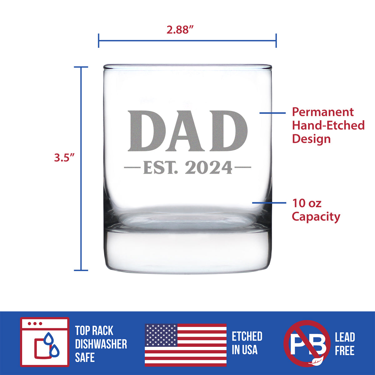 Dad Est 2024 - New Father Whiskey Rocks Glass Gift for First Time Parents - Bold 10.25 Oz Glasses