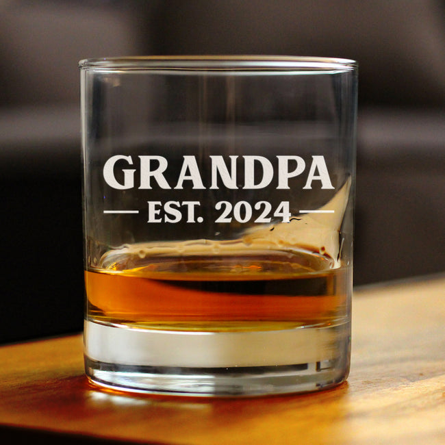 Grandpa Est 2024 - New Grandfather Whiskey Rocks Glass Gift for First Time Grandparents - Bold 10.25 Oz Glasses