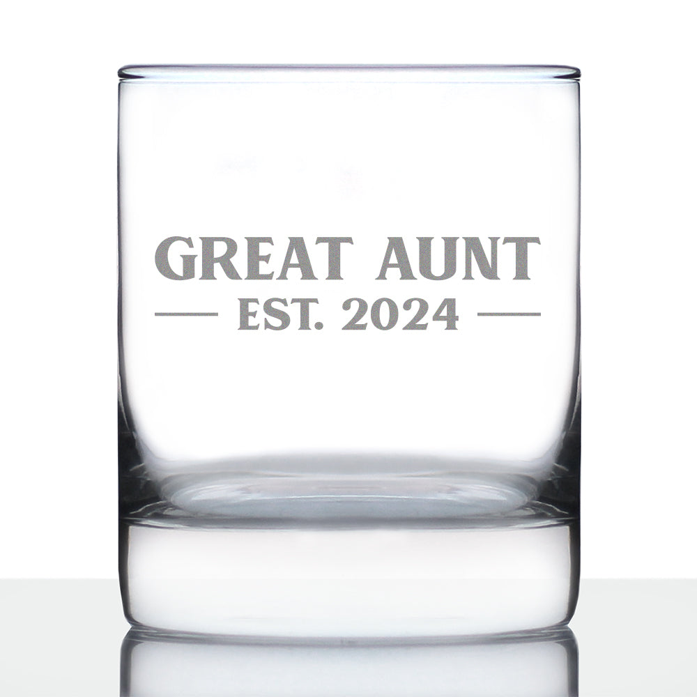 Great Aunt Est 2024 - New Great Aunts Whiskey Rocks Glass Gift for First Time Great Aunts - Bold 10.25 Oz Glasses