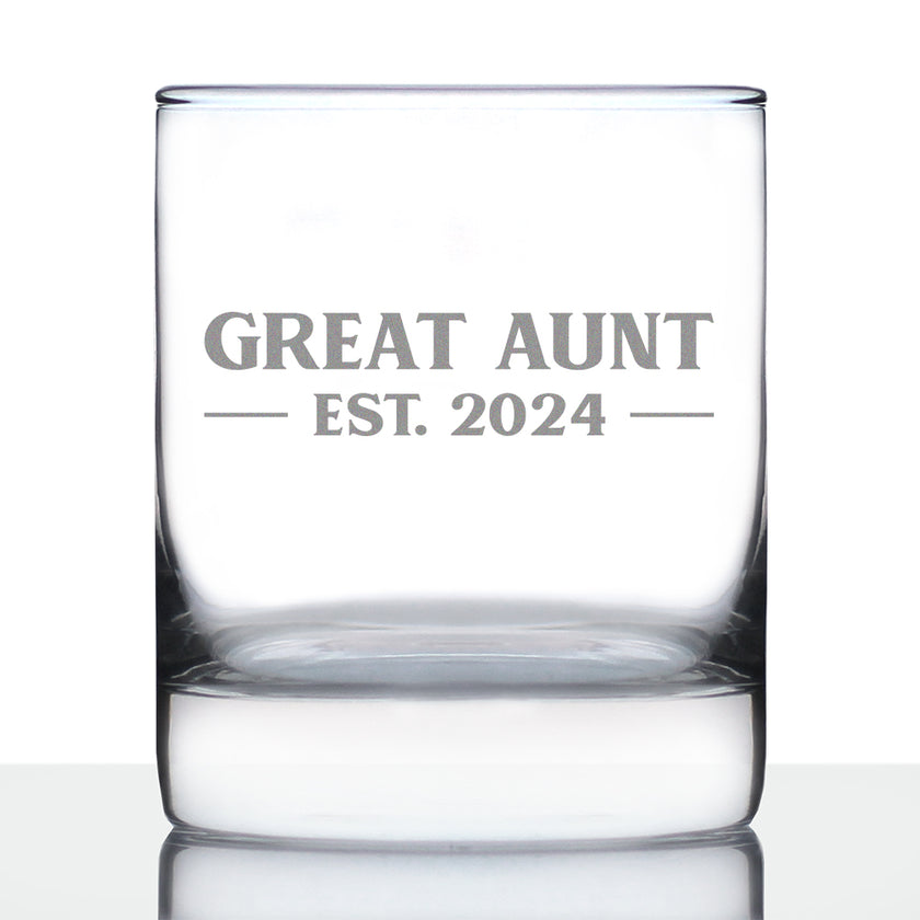 Great Aunt Est 2024 - New Great Aunts Whiskey Rocks Glass Gift for First Time Great Aunts - Bold 10.25 Oz Glasses