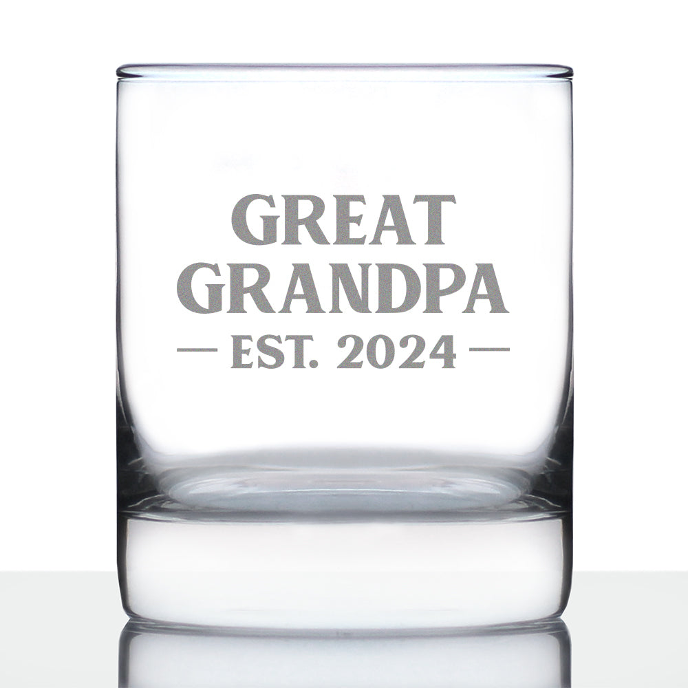 Great Grandpa Est 2024 - New Great Grandfather Whiskey Rocks Glass Gift for First Time Great Grandparents - Bold 10.25 Oz Glasses
