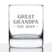 Great Grandpa Est 2024 - New Great Grandfather Whiskey Rocks Glass Gift for First Time Great Grandparents - Bold 10.25 Oz Glasses