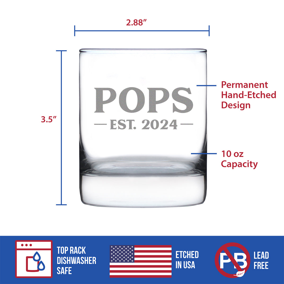 Pops Est. 2024 - Bold - 10 oz Rocks Glass or Old Fashioned Glass, Etched Sayings, Cute and Fun Reveal Gift for Grandparents