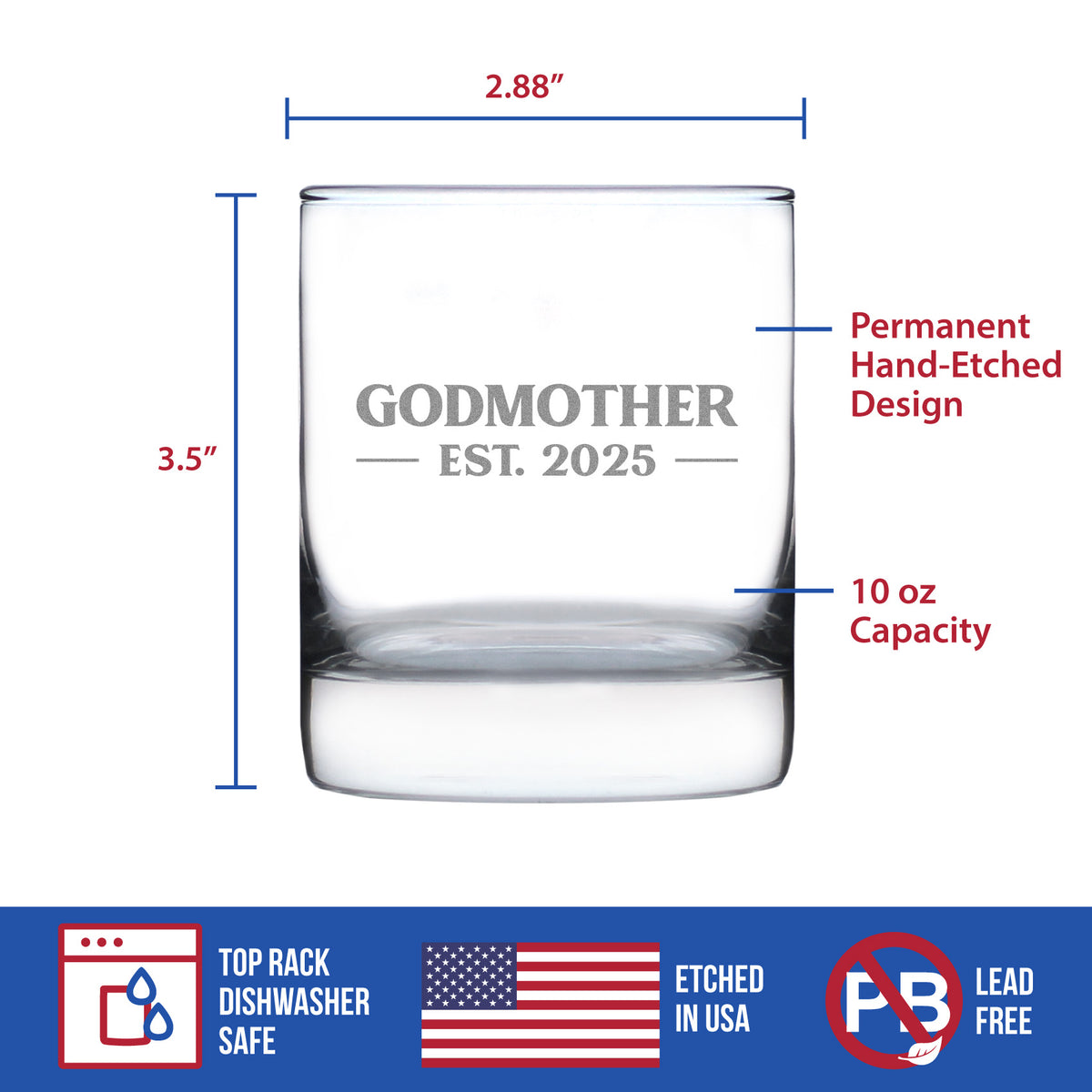 Godmother Est 2025 - New Godmother Whiskey Rocks Glass Proposal Gift for First Time Godparents - Bold 10.25 Oz Glasses