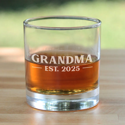 Grandma Est 2025 - New Grandmother Whiskey Rocks Glass Gift for First Time Grandparents - Bold 10.25 Oz Glasses