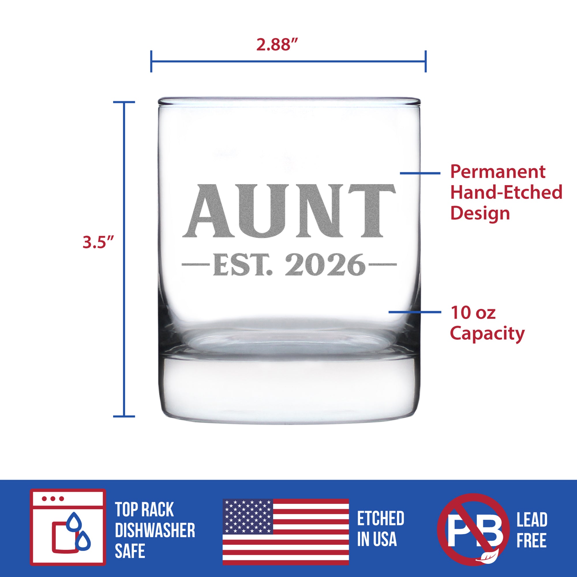 Aunt Est 2026 - Engraved Rocks Glass - New Aunt Gift for First Time Aunts - Bold Weighted Whiskey Glasses - 10.25 oz