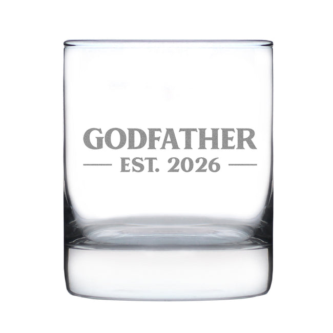 Godfather Est 2026 - Engraved Rocks Glass - New Godfather Gift for First Time Godparents - Bold Weighted Whiskey Glasses - 10.25 oz