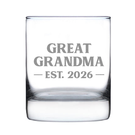 Great Grandma Est 2026 - Engraved Rocks Glass - New Great Grandmother Gift for First Time Great Grandparents - Bold Weighted Whiskey Glasses - 10.25 oz