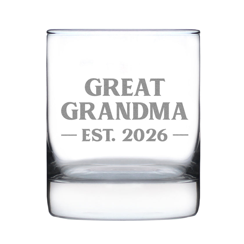 Great Grandma Est 2026 - Engraved Rocks Glass - New Great Grandmother Gift for First Time Great Grandparents - Bold Weighted Whiskey Glasses - 10.25 oz