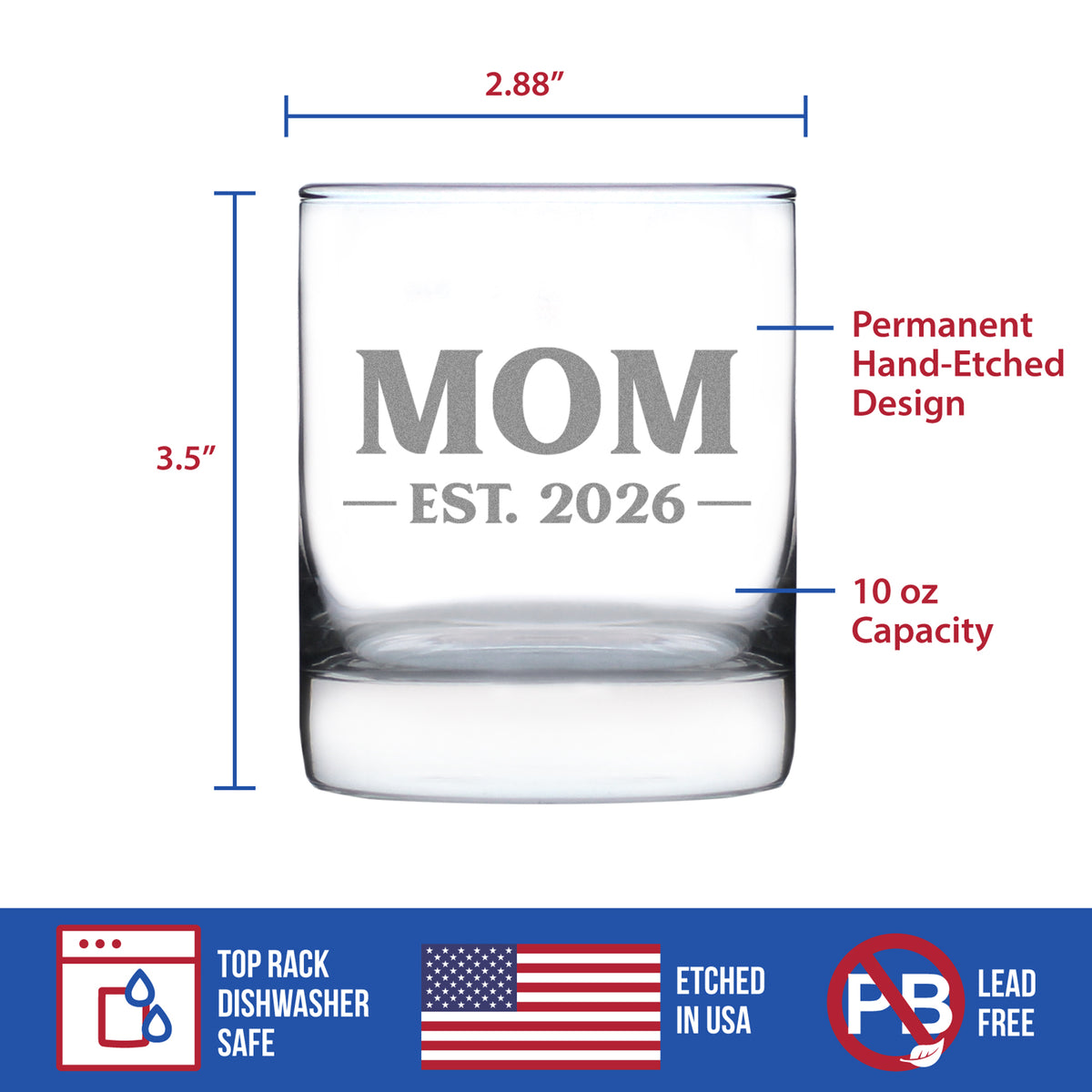 Mom Est 2026 - Engraved Rocks Glass - New Mother Gift for First Time Parents - Bold Weighted Whiskey Glasses - 10.25 oz