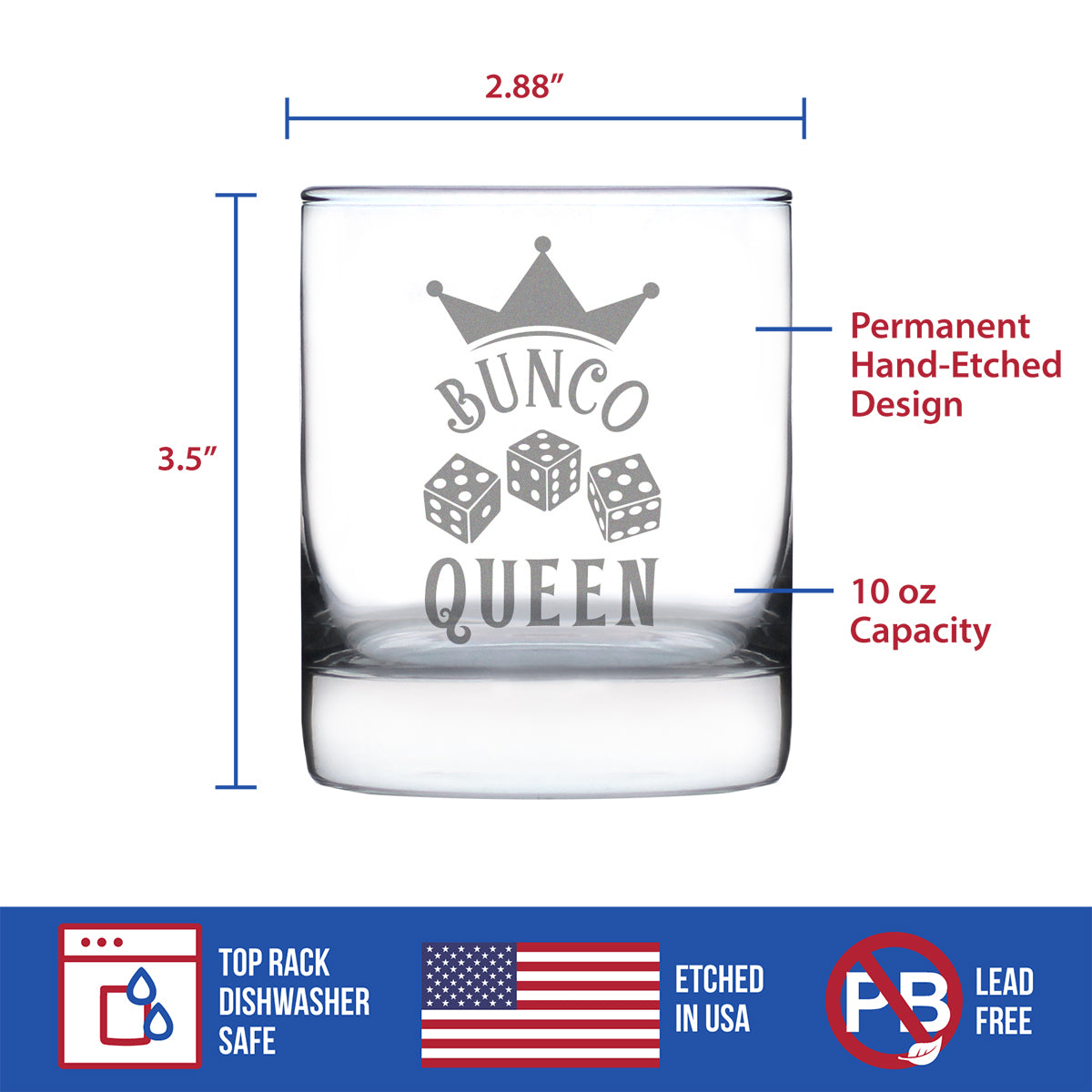 Bunco Queen Rocks Glass - Bunco Decor and Bunco Gifts for Women - 10.25 Oz Glasses