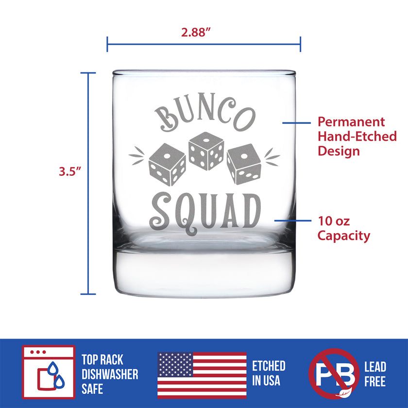 Bunco Squad Rocks Glass - Bunco Decor and Bunco Gifts for Women - 10.25 Oz Glasses