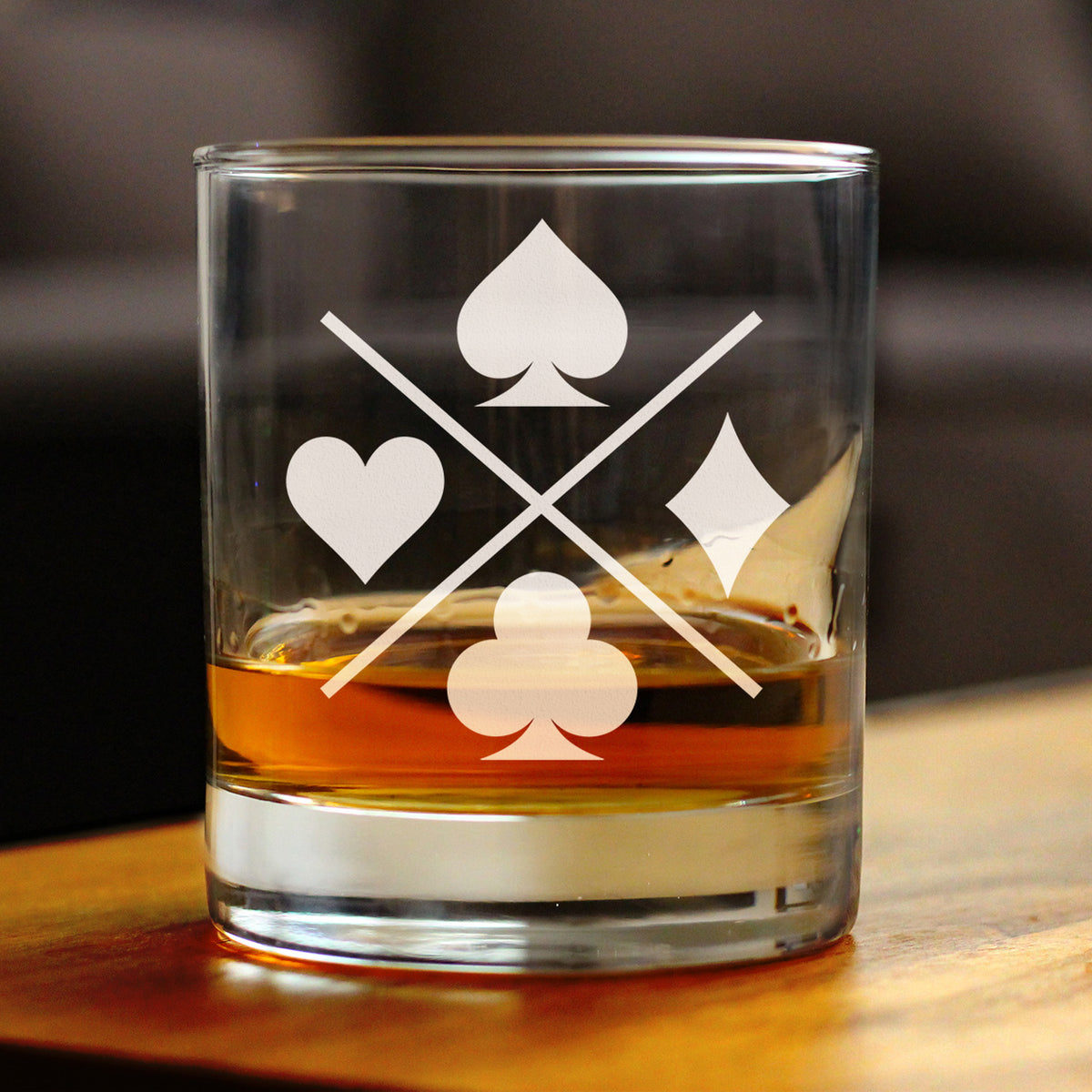Card Suits Engraved Rocks Glass High Quality Gifts for Card Players Weighted Whiskey Glasses - 10.25 oz