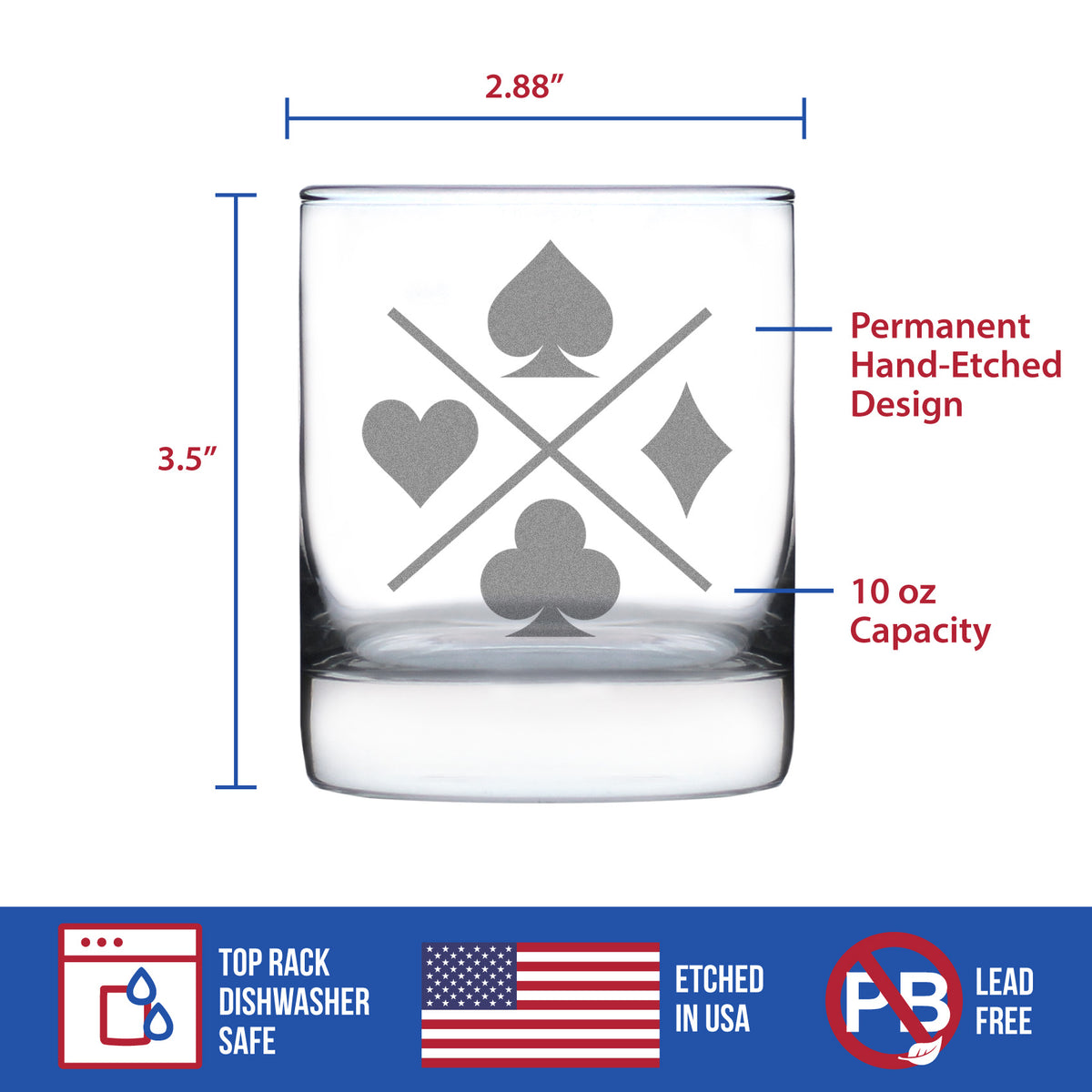 Card Suits Engraved Rocks Glass High Quality Gifts for Card Players Weighted Whiskey Glasses - 10.25 oz