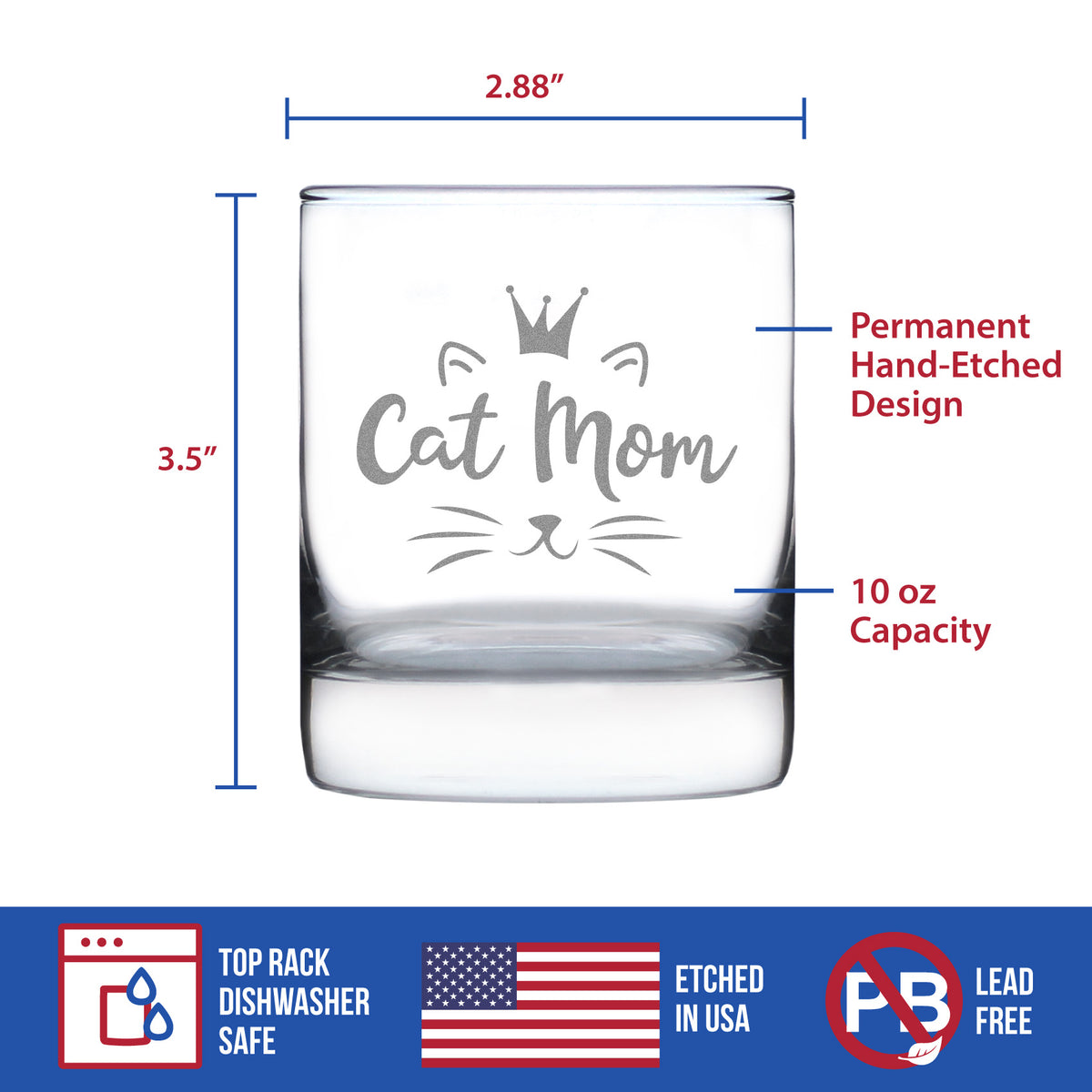 Cat Mom - Whiskey Rocks Glass Gift - Cute Gifts for Cat Lady - 10.25 oz Glasses