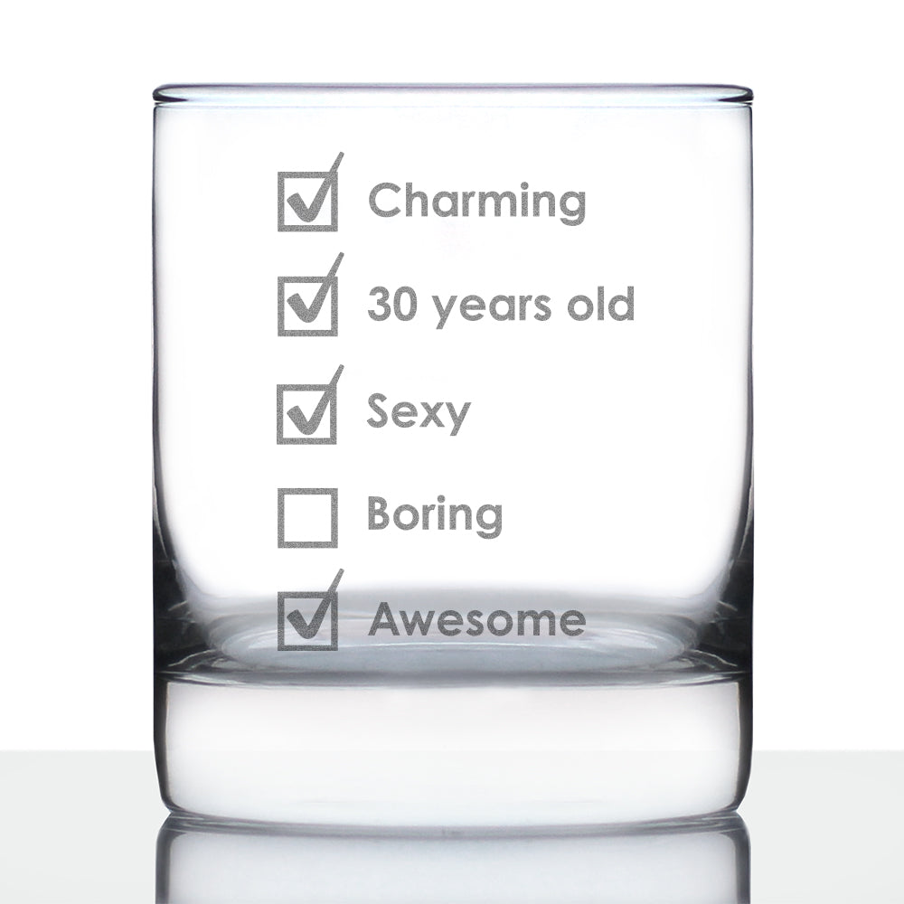 30th Birthday Checklist - Whiskey Rocks Glass Gift - Funny Bday Gifts for Women and Men Turning 30 - 10.25 oz Glasses