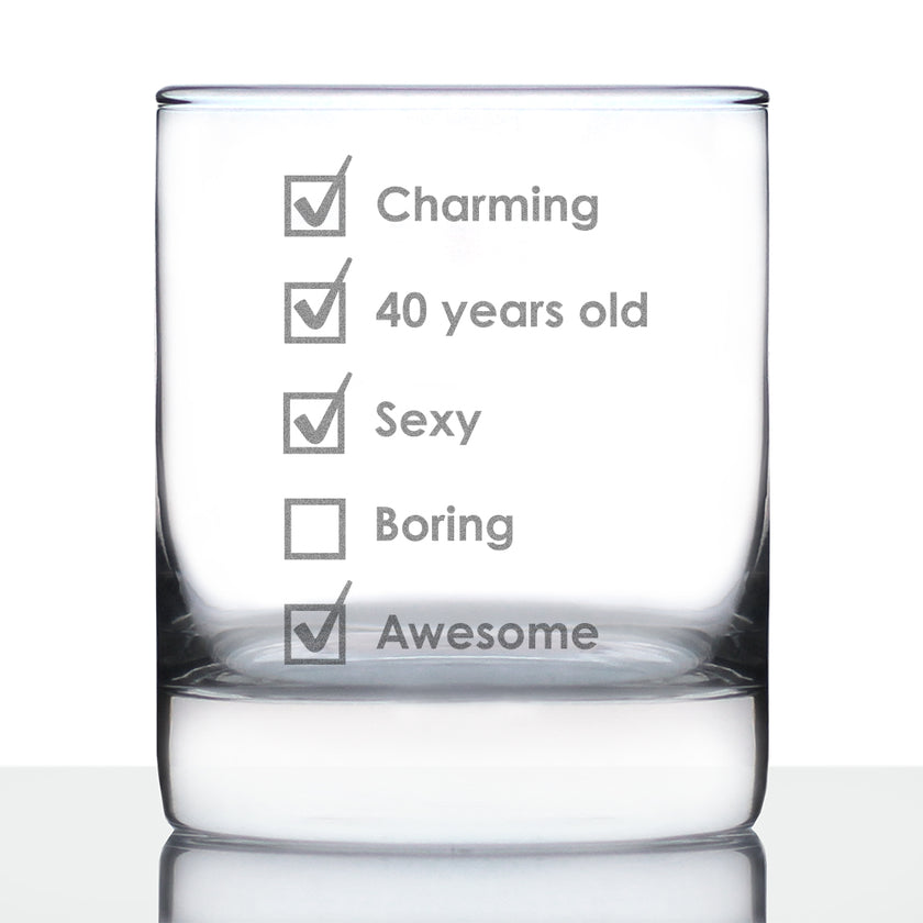 40th Birthday Checklist - Whiskey Rocks Glass Gift - Funny Bday Gifts for Women and Men Turning 40 - 10.25 oz Glasses