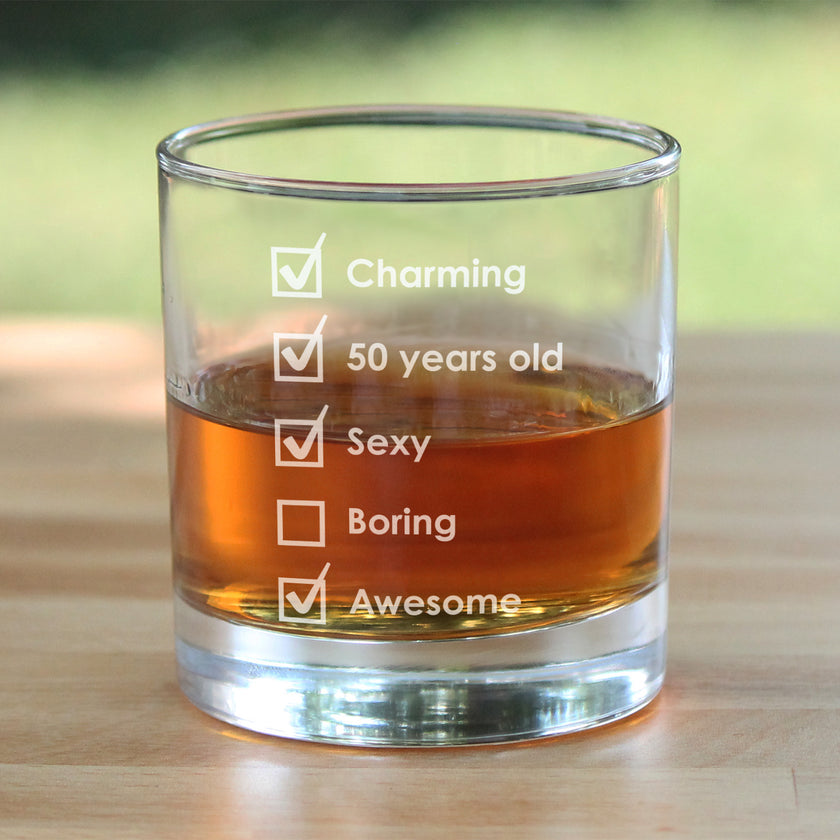 50th Birthday Checklist - Whiskey Rocks Glass Gift - Funny Bday Gifts for Women and Men Turning 50 - 10.25 oz Glasses