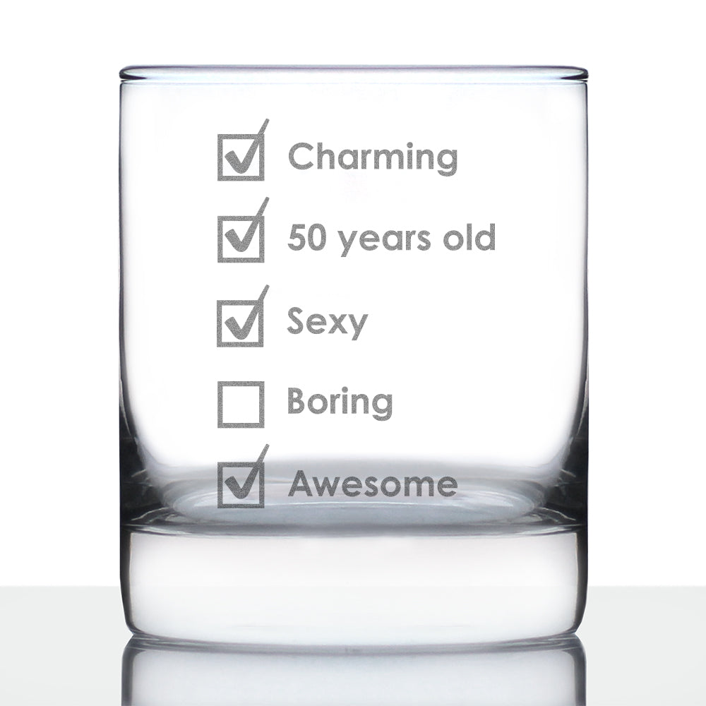 50th Birthday Checklist - Whiskey Rocks Glass Gift - Funny Bday Gifts for Women and Men Turning 50 - 10.25 oz Glasses