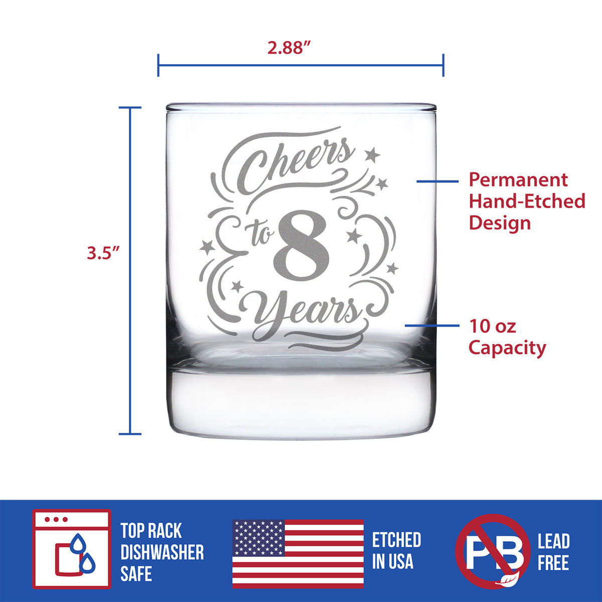 Cheers to 8 Years - Whiskey Rocks Glass Gifts for Women &amp; Men - 8th Anniversary Party Decor - 10.25 Oz Glasses