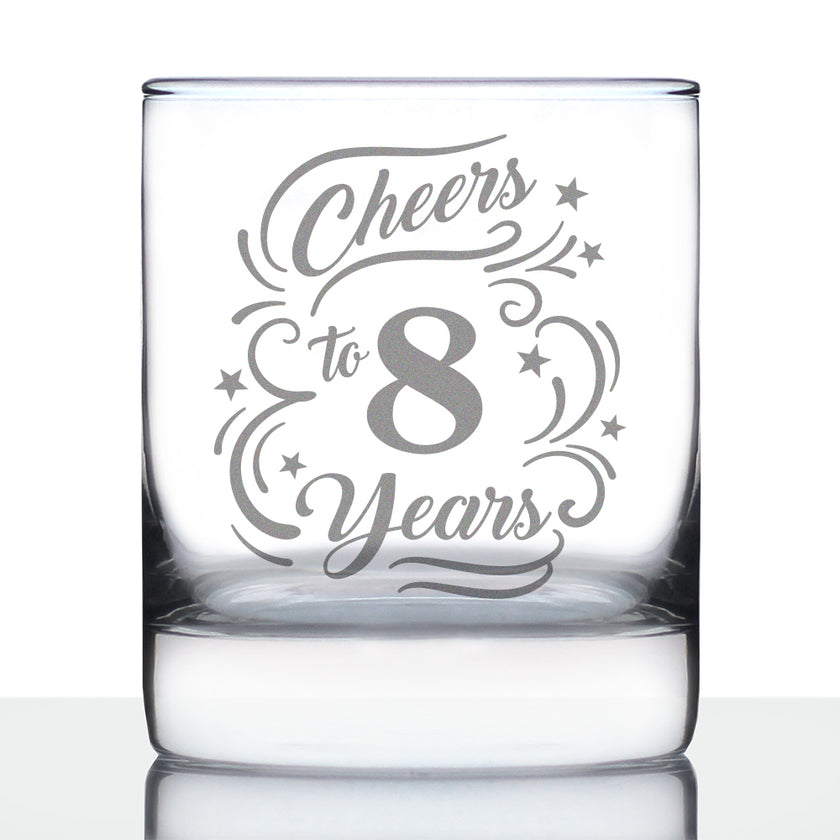 Cheers to 8 Years - Whiskey Rocks Glass Gifts for Women & Men - 8th Anniversary Party Decor - 10.25 Oz Glasses