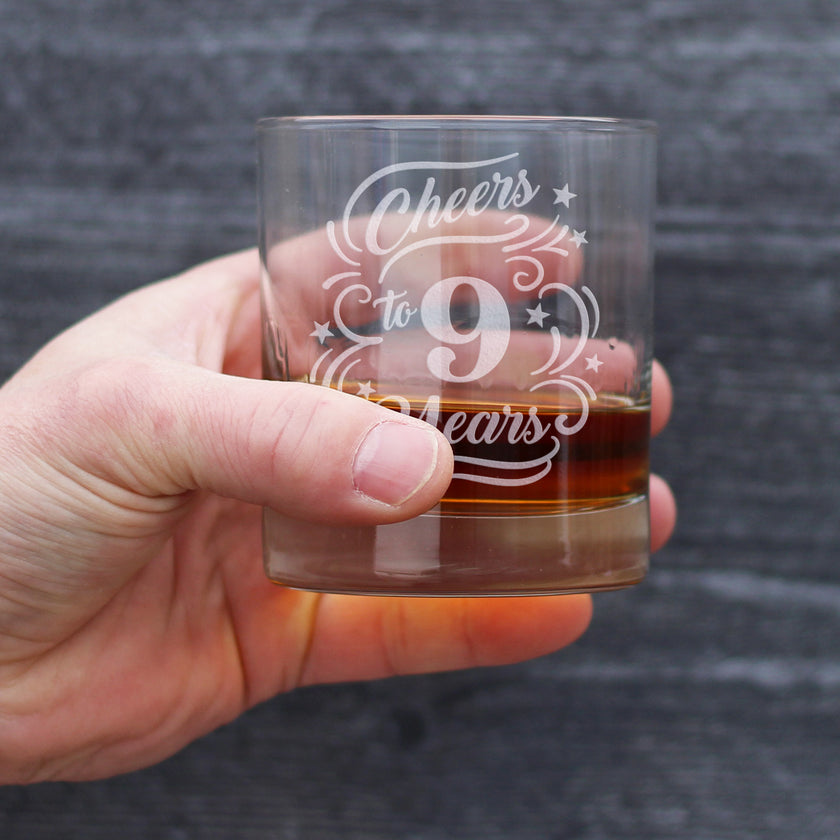 Cheers to 9 Years - Whiskey Rocks Glass Gifts for Women & Men - 9th Anniversary Party Decor - 10.25 Oz Glasses
