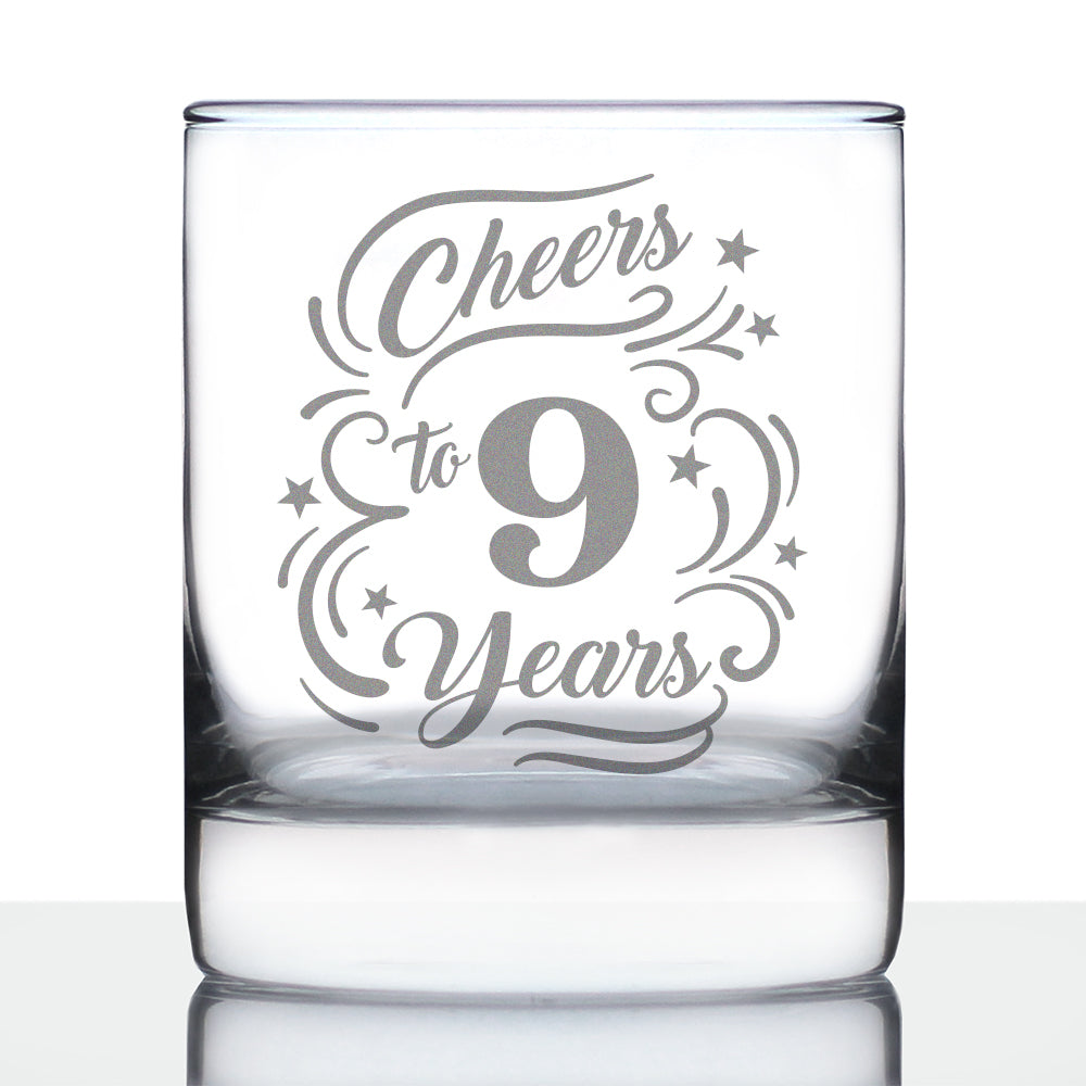 Cheers to 9 Years - Whiskey Rocks Glass Gifts for Women &amp; Men - 9th Anniversary Party Decor - 10.25 Oz Glasses