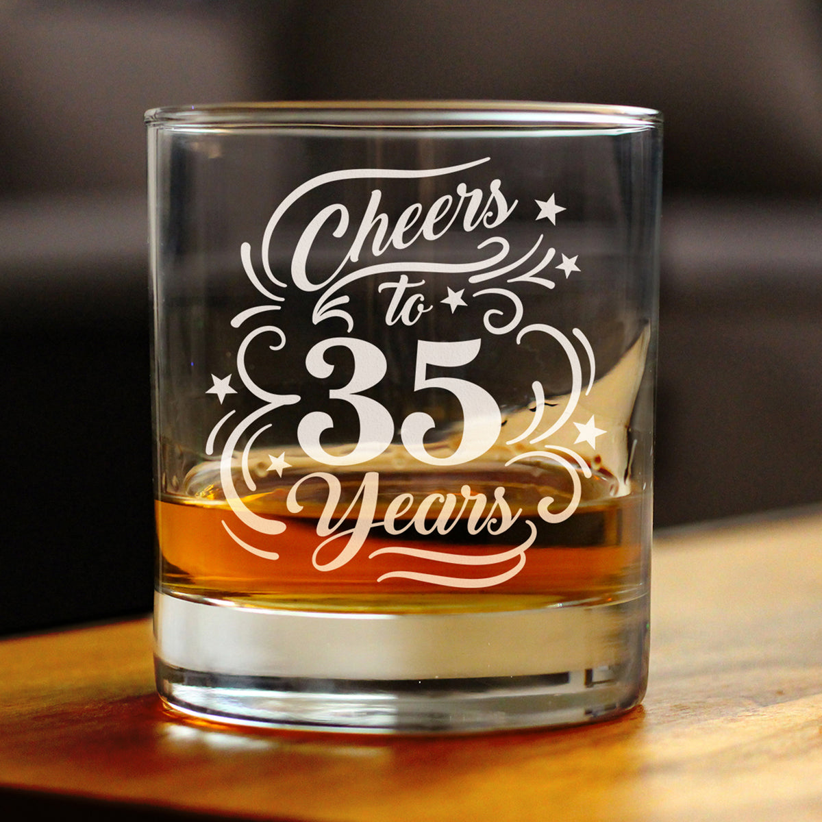 Cheers to 35 Years - Engraved Rocks Glass - 35th Anniversary or Birthday Party Decor - Weighted Whiskey Glasses - 10.25 oz