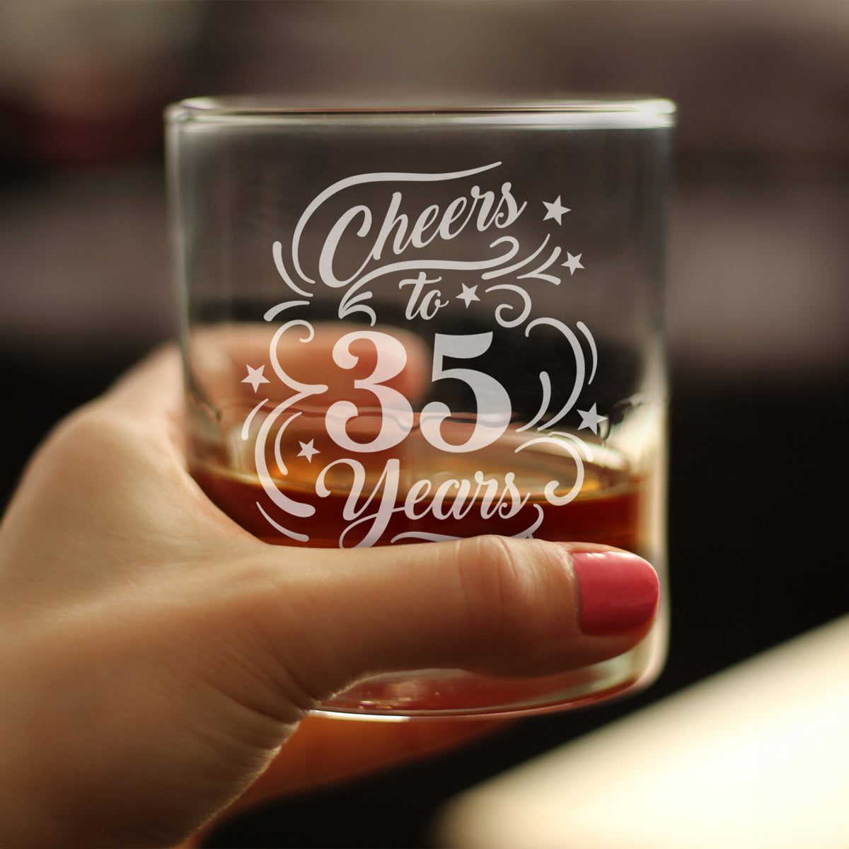 Cheers to 35 Years - Engraved Rocks Glass - 35th Anniversary or Birthday Party Decor - Weighted Whiskey Glasses - 10.25 oz