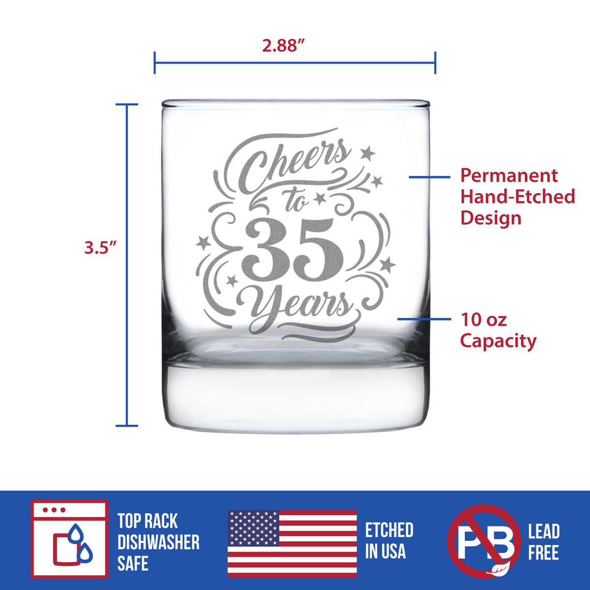 Cheers to 35 Years - Engraved Rocks Glass - 35th Anniversary or Birthday Party Decor - Weighted Whiskey Glasses - 10.25 oz