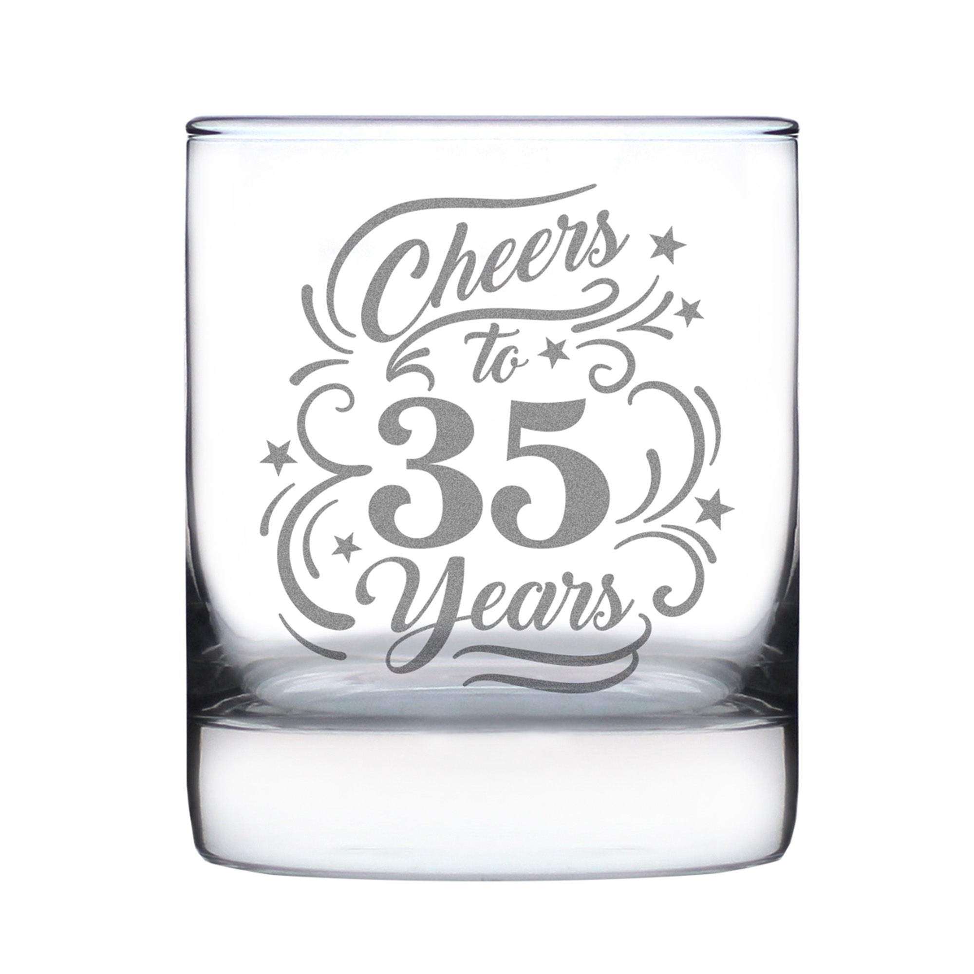 Cheers to 35 Years - Engraved Rocks Glass - 35th Anniversary or Birthday Party Decor - Weighted Whiskey Glasses - 10.25 oz