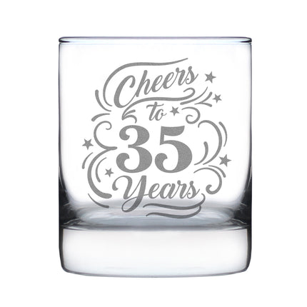 Cheers to 35 Years - Engraved Rocks Glass - 35th Anniversary or Birthday Party Decor - Weighted Whiskey Glasses - 10.25 oz