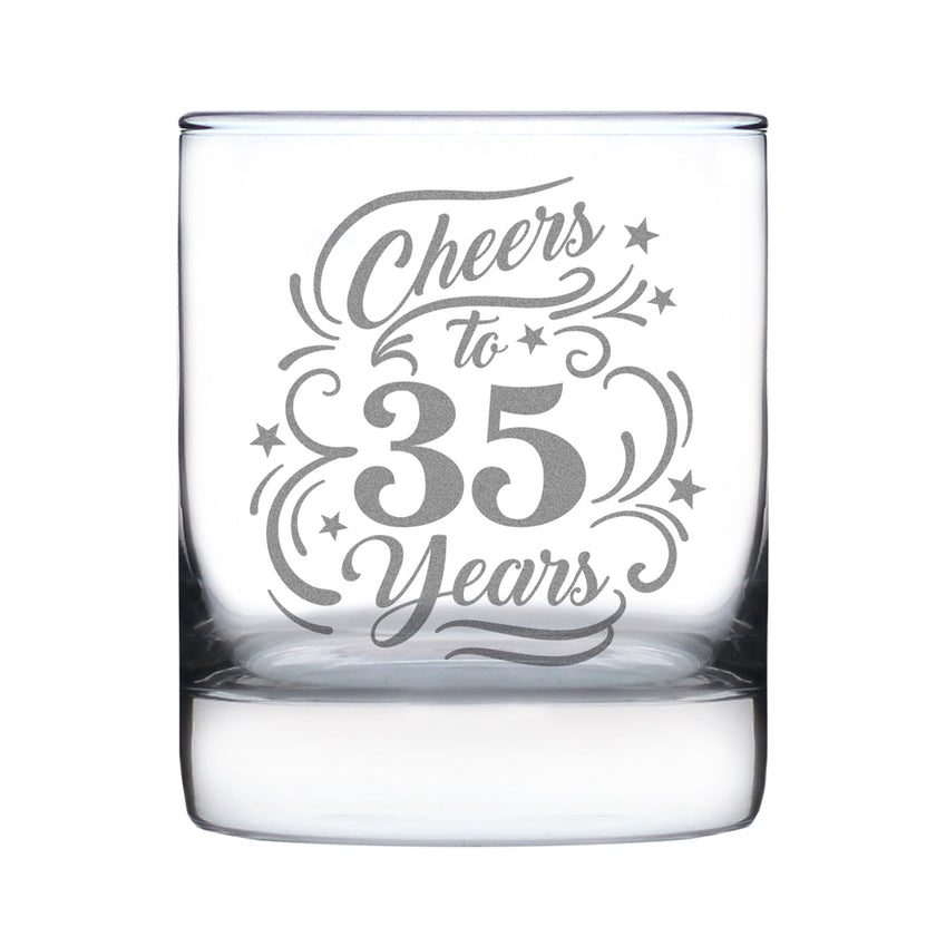 Cheers to 35 Years - Engraved Rocks Glass - 35th Anniversary or Birthday Party Decor - Weighted Whiskey Glasses - 10.25 oz