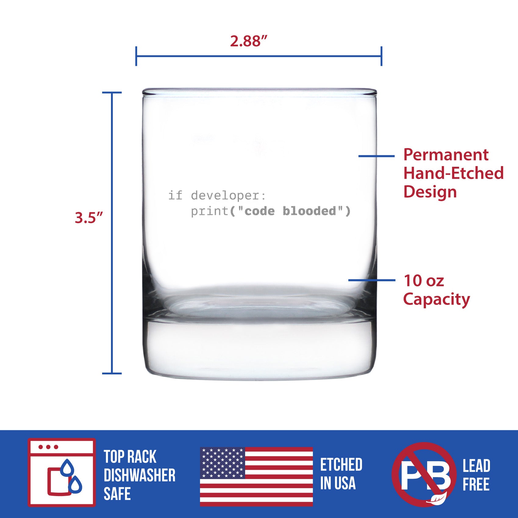 Code Blooded Engraved Rocks Glass Gifts for Programmer, Coder & Computer Geeks Weighted Whiskey Glasses - 10.25 oz