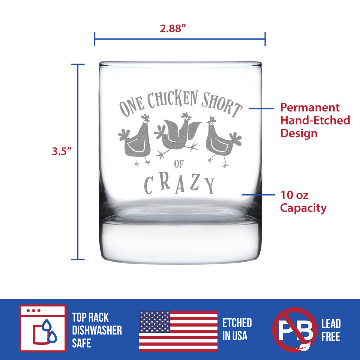 One Chicken Short of Crazy - Whiskey Rocks Glass - Funny Chicken Gifts for Women and Men with Chickens - 10.25 oz Glasses