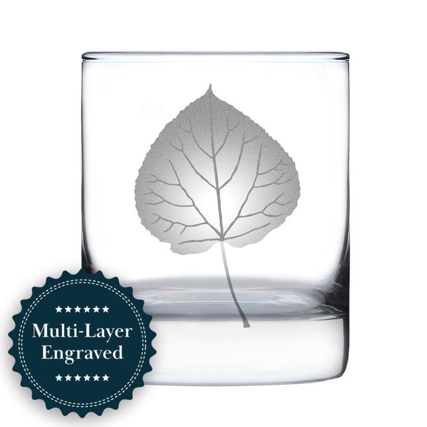 Aspen Leaf Engraved Rocks Glass - Multi-Layer Engraved Whiskey Glasses - 10.25 oz