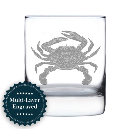 Crab Engraved Rocks Glass - Multi-Layer Engraved Whiskey Glasses - 10.25 oz