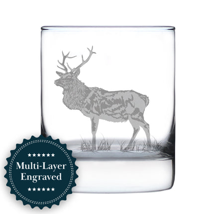 Elk Engraved Rocks Glass - Multi-Layer Engraved Whiskey Glasses - 10.25 oz