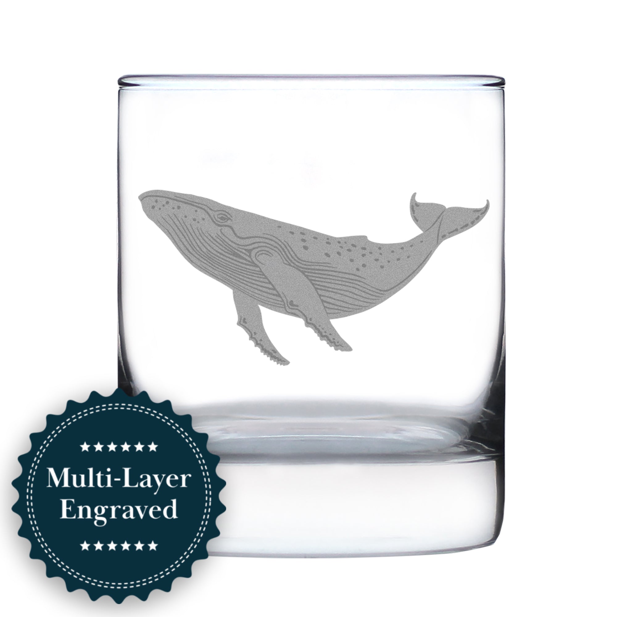 Whale Engraved Rocks Glass - Multi-Layer Engraved Whiskey Glasses - 10.25 oz