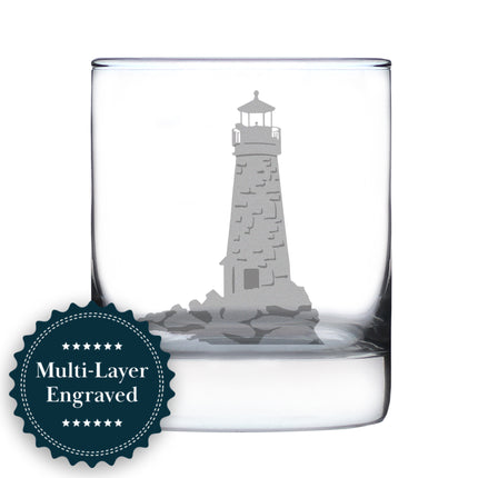 Lighthouse Engraved Rocks Glass - Multi-Layer Engraved Whiskey Glasses - 10.25 oz