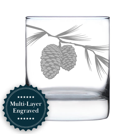 Pinecones Engraved Rocks Glass - Multi-Layer Engraved Whiskey Glasses - 10.25 oz