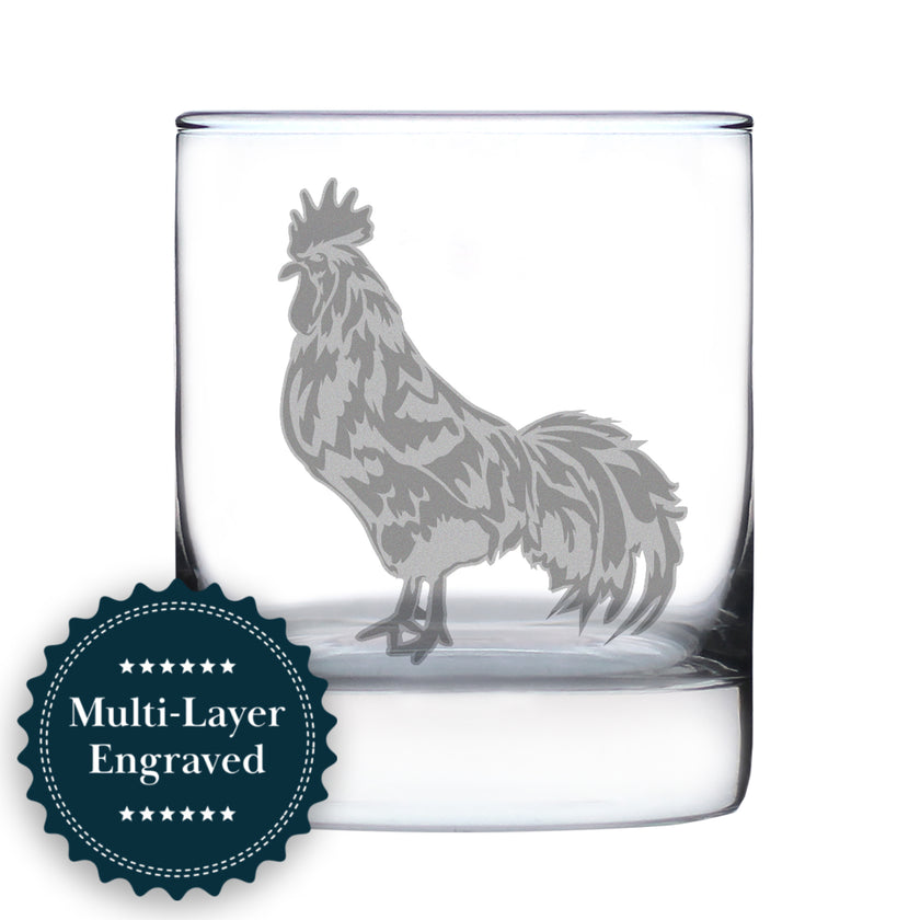 Rooster Engraved Rocks Glass - Multi-Layer Engraved Whiskey Glasses - 10.25 oz