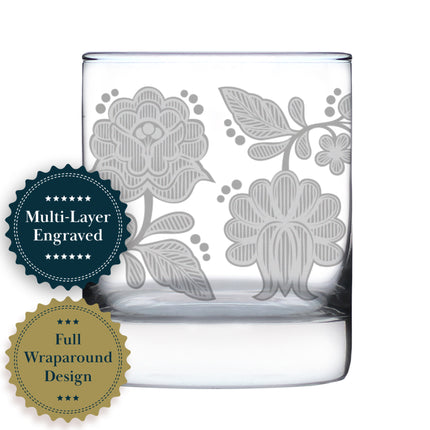 Folk Art Floral Engraved Rocks Glass Hungarian Kalocsa Embroidery Pattern Multi-Layer Engraved Whiskey Glasses - 10.25 oz