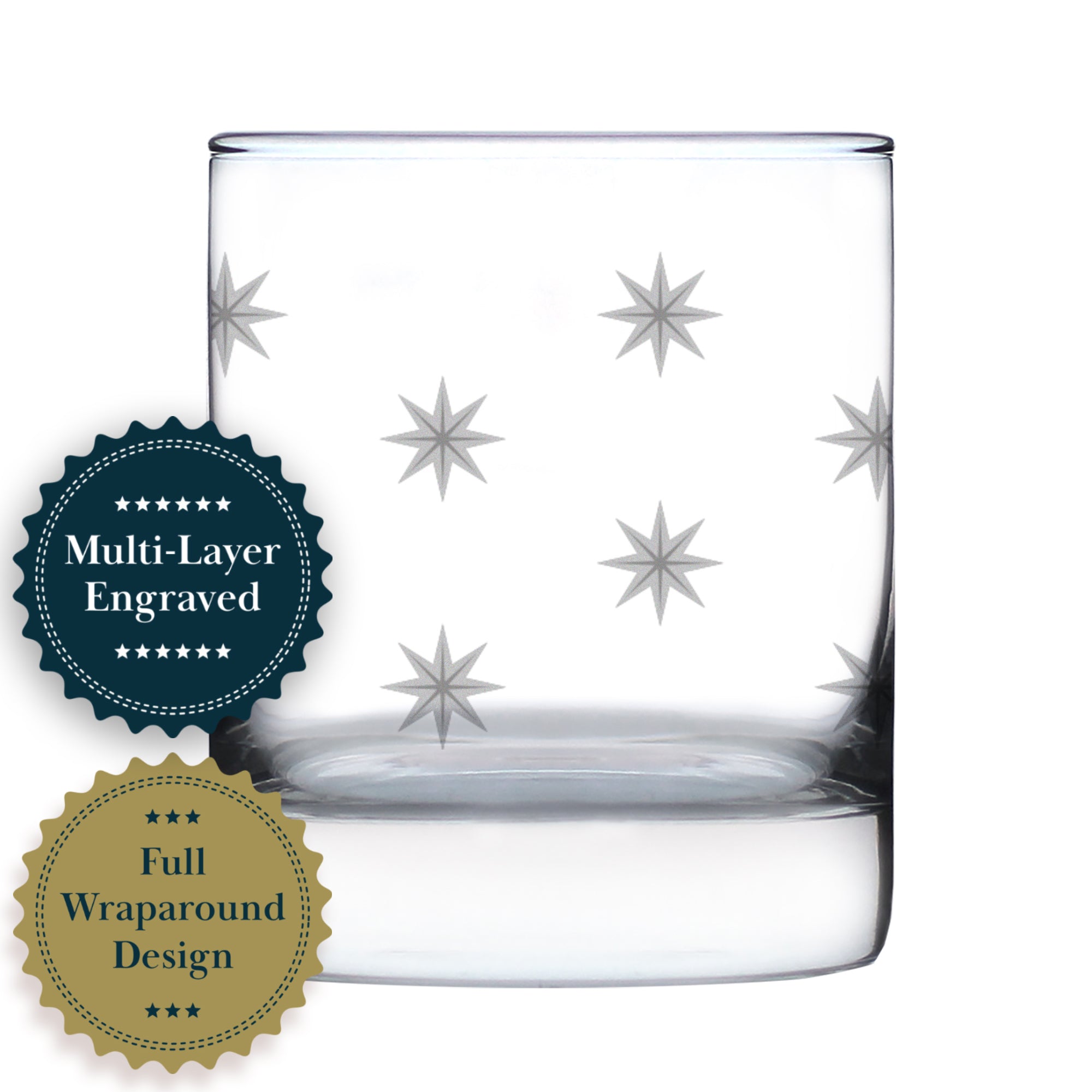 Star Pattern Engraved Rocks Glass - Full Wrap - Multi-Layer Engraved Whiskey Glasses - 10.25 oz