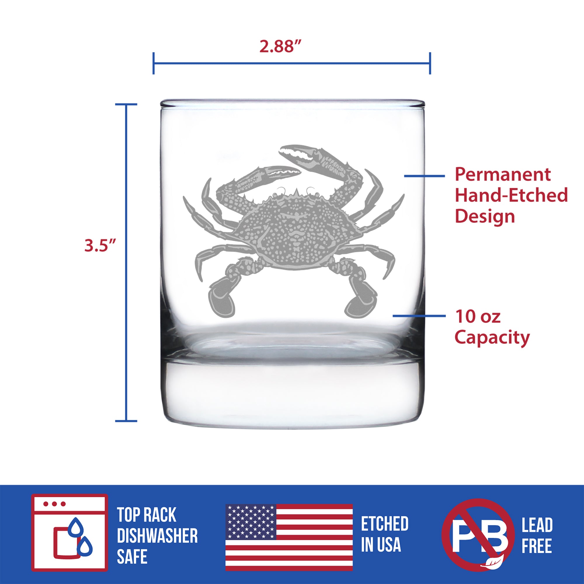 Crab Engraved Rocks Glass - Multi-Layer Engraved Whiskey Glasses - 10.25 oz